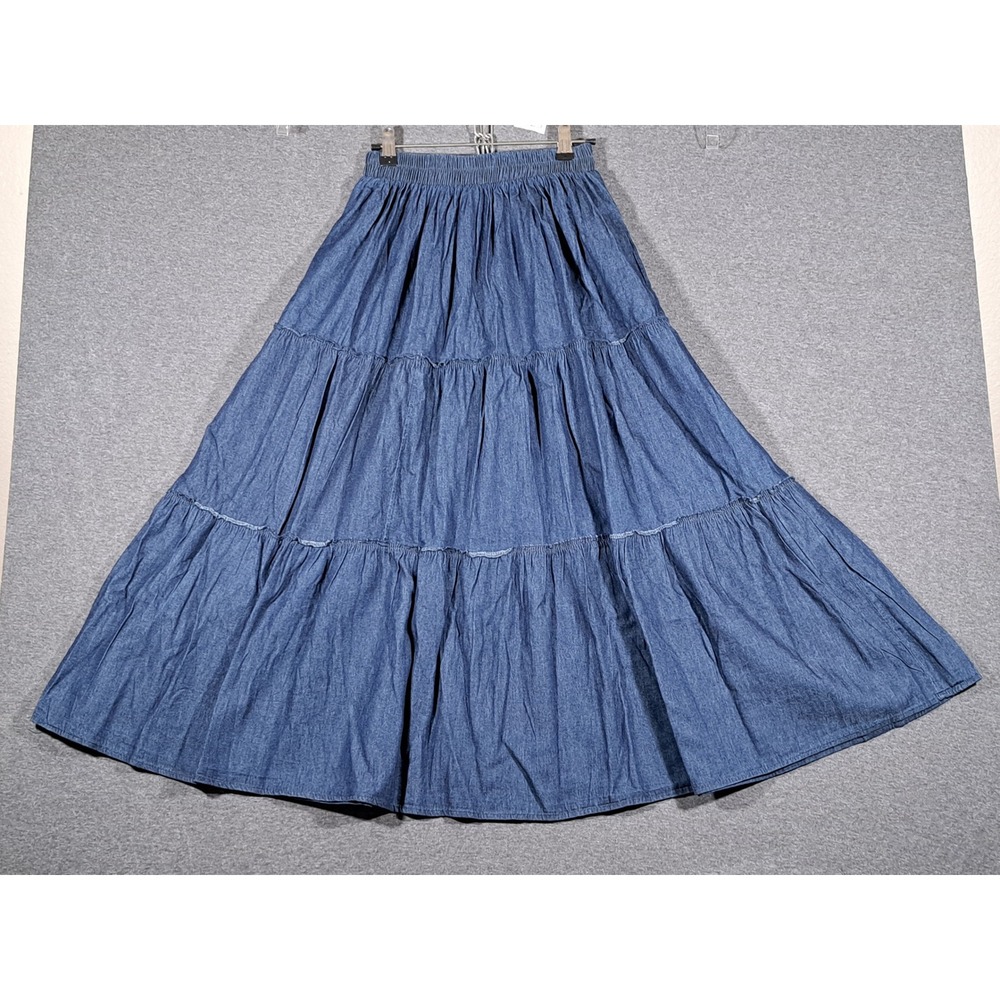 Drefbufy Fashion Blue Denim Tiered Maxi Skirt Women Lg Elastic Waist Cotton Boho